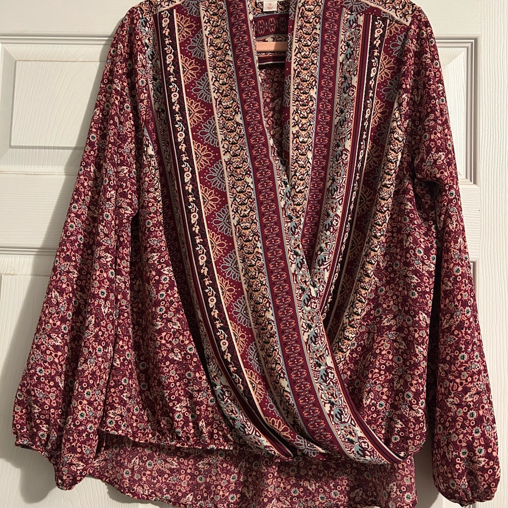 Xhilaration Red and White Wrap Blouse Long Sleeve